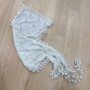 Cream boho lace head scarf with pom pom fringe